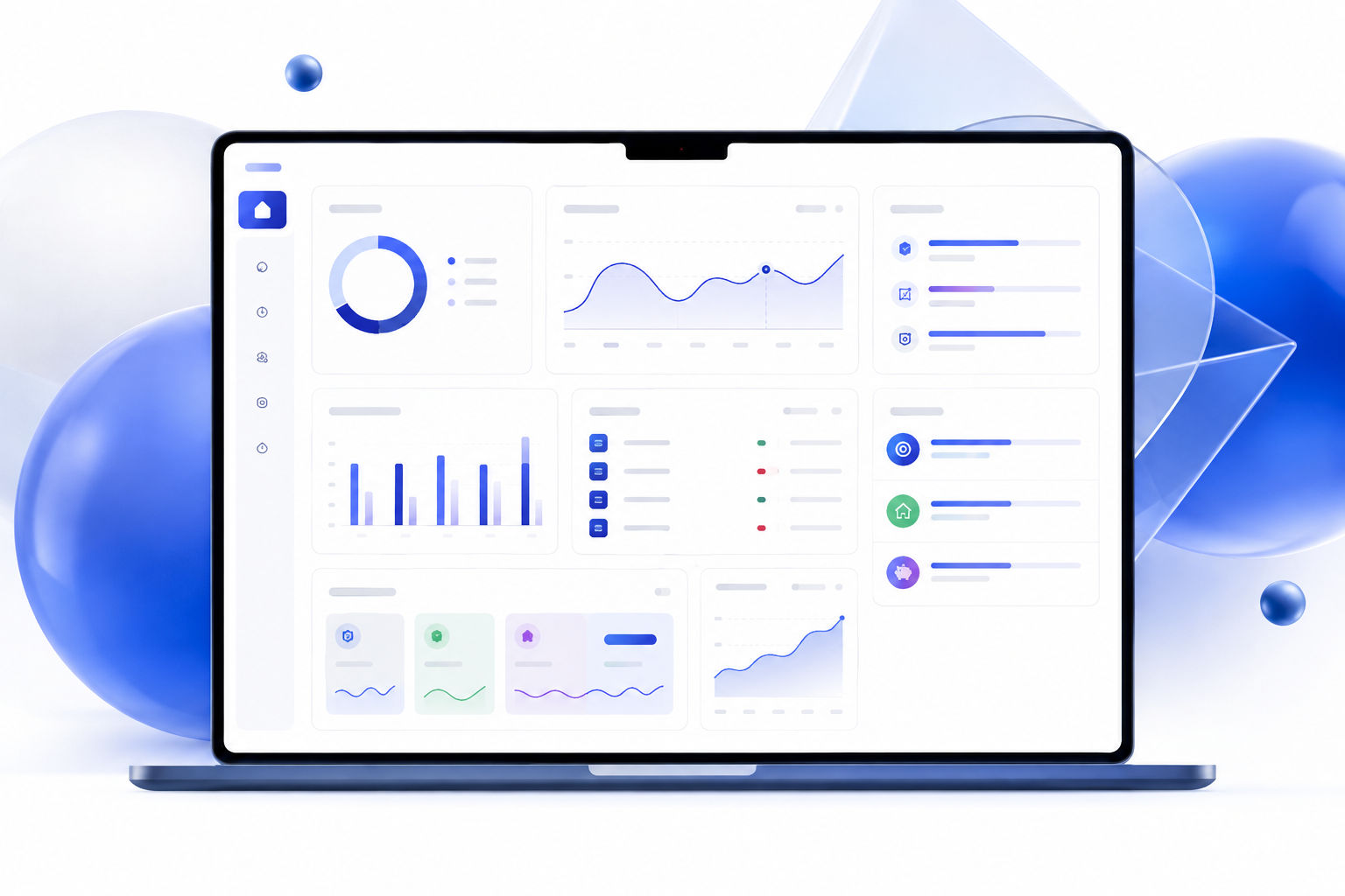 Dashboard azul claro com gráficos de orçamento, tarefas e indicadores de gestão